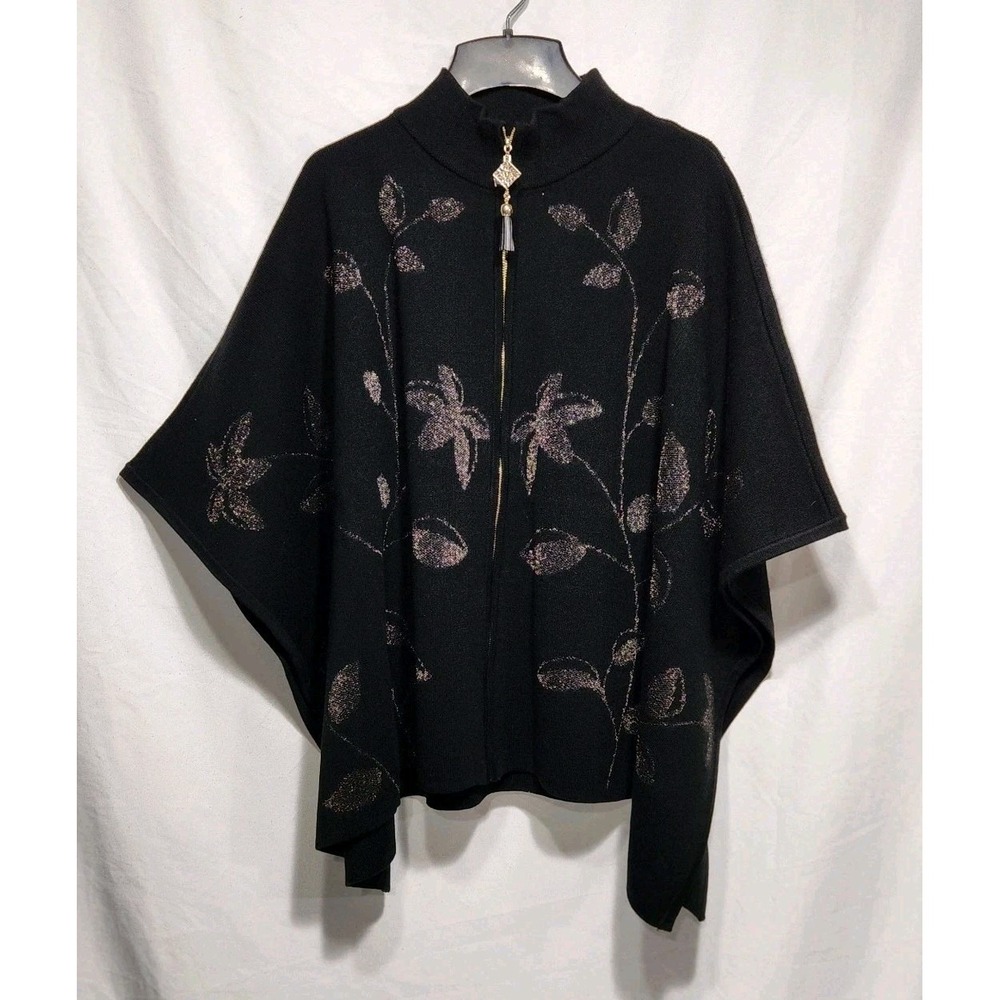 Anne Klein Women's Zip Front Sweater Cape/Shawl Size Large Black / Gold ‎ Leaves